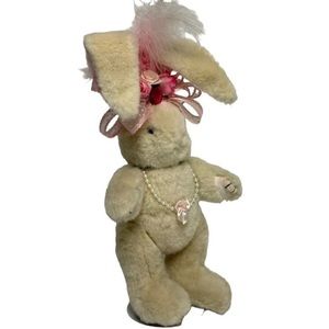 Victorian Bunny Rabbit Plush Pearls Silk Ribbon Feather Bow Flowers Pink Decor
